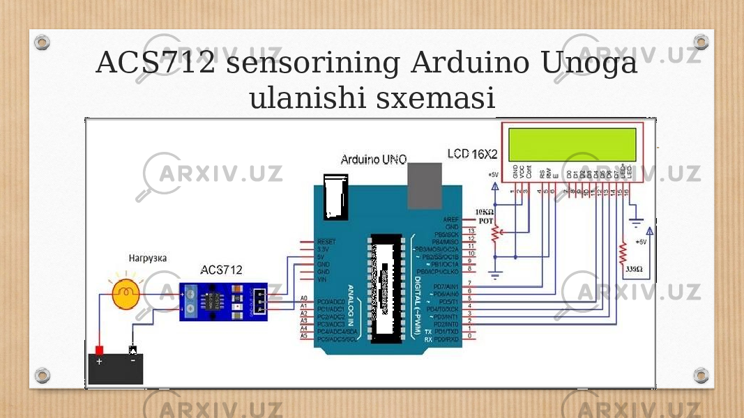 ACS712 sensorining Arduino Unoga ulanishi sxemasi 