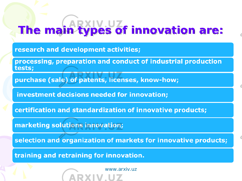 The main types of innovation are:The main types of innovation are: www.arxiv.uz 