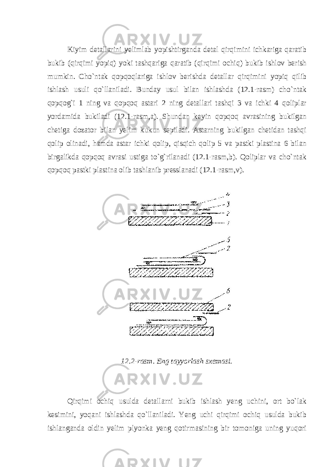 Kiyim detallarini yelimlab yopishtirganda detal qirqimini ichkariga qaratib bukib (qirqimi yopiq) yoki tashqariga qaratib (qirqimi ochiq) bukib ishlov berish mumkin. Cho`ntak qopqoqlariga ishlov berishda detallar qirqimini yopiq qilib ishlash usuli qo`llaniladi. Bunday usul bilan ishlashda (12.1-rasm) cho`ntak qopqog`i 1 ning va qopqoq astari 2 ning detallari tashqi 3 va ichki 4 qoliplar yordamida bukiladi (12.1-rasm,a). Shundan keyin qopqoq avrasining bukilgan chetiga dozator bilan yelim kukun sepiladi. Astarning bukilgan chetidan tashqi qolip olinadi, hamda astar ichki qolip, qisqich qolip 5 va pastki plastina 6 bilan birgalikda qopqoq avrasi ustiga to`g`rilanadi (12.1-rasm,b). Qoliplar va cho`ntak qopqoq pastki plastina olib tashlanib presslanadi (12.1-rasm,v). 12.2-rasm. Eng tayyorlash sxemasi. Qirqimi ochiq usulda detallarni bukib ishlash yeng uchini, ort bo`lak kesimini, yoqani ishlashda qo`llaniladi. Yeng uchi qirqimi ochiq usulda bukib ishlanganda oldin yelim plyonka yeng qotirmasining bir tomoniga uning yuqori 