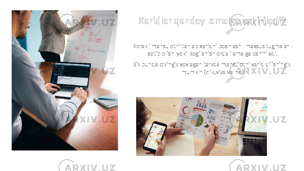 Kerakli mahsulotni tanlab xaridni boshlash maxsus tugmalar - sotib olish yoki Bog‘lanish orqali amalga oshiriladi. Siz bunda o&#39;zingiz xoxlagan tarzda mahsulotni xarid qilishingiz mumkin (clik,viza va hk.)Xaridlar qanday amalga oshiriladi? 