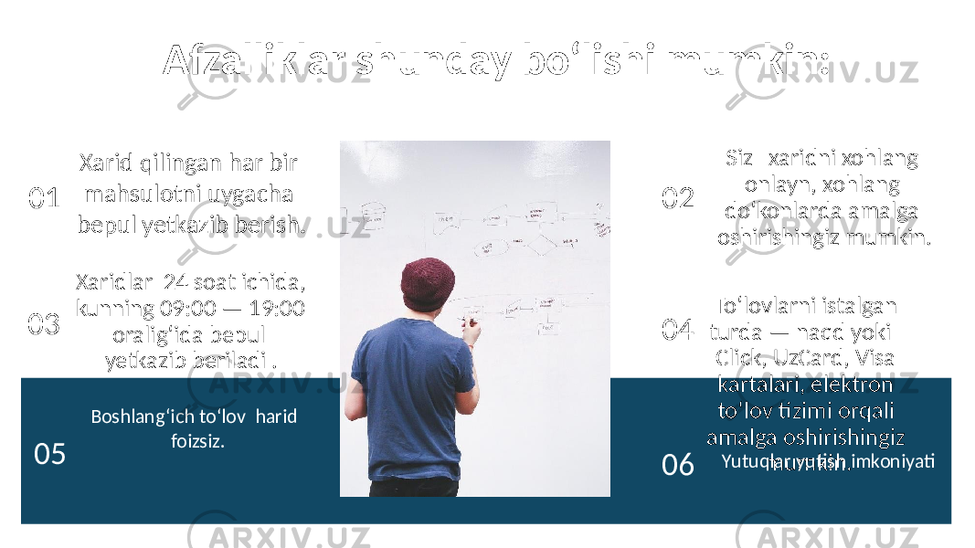  Afzalliklar shunday bo‘lishi mumkin: Xarid qilingan har bir mahsulotni uygacha bepul yetkazib berish. Xaridlar 24 soat ichida, kunning 09:00 — 19:00 oralig‘ida bepul yetkazib beriladi . Boshlang‘ich to‘lov harid foizsiz.01 03 05 Siz xaridni xohlang onlayn, xohlang do‘konlarda amalga oshirishingiz mumkin. To‘lovlarni istalgan turda — naqd yoki Click, UzCard, Visa kartalari, elektron to‘lov tizimi orqali amalga oshirishingiz mumkin. Yutuqlar yutish imkoniyati02 04 06 