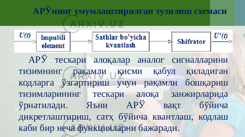 АРЎнинг умумлаштирилган тузилиш схемаси АРЎ тескари алоқалар аналог сигналларини тизимнинг рақамли қисми қабул қиладиган кодларга ўзгартириш учун рақамли бошқариш тизимларининг тескари алоқа занжирларида ўрнатилади. Яъни АРЎ вақт бўйича дикретлаштириш, сатҳ бўйича квантлаш, кодлаш каби бир неча функцияларни бажаради . 