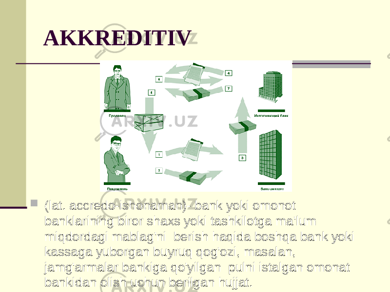 AKKREDITIV  (lat. accredo-ishonaman)- bank yoki omonot banklarining biror shaxs yoki tashkilotga ma&#39;lum miqdordagi mablag&#39;ni berish haqida boshqa bank yoki kassaga yuborgan buyruq qog&#39;ozi, masalan, jamg&#39;armalar bankiga qo&#39;yilgan pulni istalgan omonat bankidan olish uchun berilgan hujjat. 