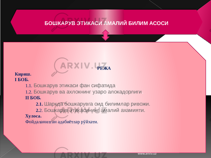 БОШКАРУВ ЭТИКАСИ АМАЛИЙ БИЛИМ АСОСИ РЕЖА  Кириш. I БОБ. 1.1. Бошкарув этикаси фан сифатида . 1.2. Бошкарув ва ахлокнинг узаро алокадорлиги .   II БОБ. 2.1. Шаркда бошкарувга оид билимлар ривожи. 2. 2. Бошкарув этикасининг амалий ахамияти. Хулоса. Фойдаланилган адабиётлар рўйхати. www.arxiv.uz 01 01 06 0B 0102010203 010203 1109 0102040203 010203 1109 05 0B 0C0C 0F 16 0C0C 0F 04 01 11 06 