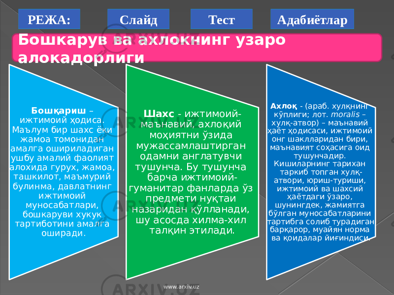 Бошқариш – ижтимоий ҳодиса. Маълум бир шахс ёки жамоа томонидан амалга ошириладиган ушбу амалий фаолият алохида гурух, жамоа, ташкилот, маъмурий булинма, давлатнинг ижтимоий муносабатлари, бошкаруви хукук тартиботини амалга оширади. Шахс - ижтимоий- маънавий, ахлоқий моҳиятни ўзида мужассамлаштирган одамни англатувчи тушунча. Бу тушунча барча ижтимоий- гуманитар фанларда ўз предмети нуқтаи назаридан қўлланади, шу асосда хилма-хил талқин этилади. Ахлоқ - (араб. хулқнинг кўплиги; лот. moralis – хулқ-атвор) – маънавий ҳаёт ҳодисаси, ижтимоий онг шаклларидан бири, маънавият соҳасига оид тушунчадир. Кишиларнинг тарихан таркиб топган хулқ- атвори, юриш-туриши, ижтимоий ва шахсий ҳаётдаги ўзаро, шунингдек, жамиятга бўлган муносабатларини тартибга солиб турадиган барқарор, муайян норма ва қоидалар йиғиндиси. РЕЖА: АдабиётларСлайд Тест Бошкарув ва ахлокнинг узаро алокадорлиги www.arxiv.uz 