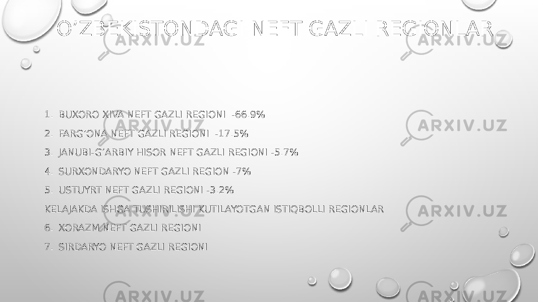 O’ZBEKISTONDAGI NEFT GAZLI REGIONLAR 1. BUXORO XIVA NEFT GAZLI REGIONI -66.9% 2. FARG’ONA NEFT GAZLI REGIONI -17.5% 3. JANUBI-G‘ARBIY HISOR NEFT GAZLI REGIONI -5.7% 4. SURXONDARYO NEFT GAZLI REGION -7% 5. USTUYRT NEFT GAZLI REGIONI -3.2% KELAJAKDA ISHGA TUSHIRILISHI KUTILAYOTGAN ISTIQBOLLI REGIONLAR 6. XORAZM NEFT GAZLI REGIONI 7. SIRDARYO NEFT GAZLI REGIONI 