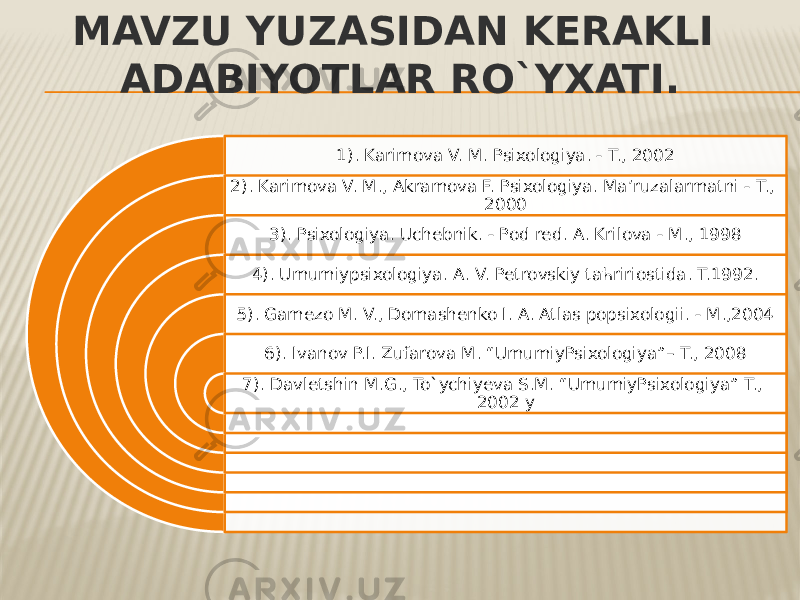 MAVZU YUZASIDAN KERAKLI ADABIYOTLAR RO`YXATI. 1). Karimova V. M. Psixologiya. - T., 2002 2). Karimova V. M., Akramova F. Psixologiya. Ma’ruzalarmatni - T., 2000 3). Psixologiya. Uchebnik. - Pod red. A. Krilova - M., 1998 4). Umumiypsixologiya. A. V. Petrovskiy taћririostida. T.1992. 5). Gamezo M. V., Domashenko I. A. Atlas popsixologii. - M.,2004 6). Ivanov P.I. Zufarova M. “UmumiyPsixologiya”– T., 2008 7). Davletshin M.G., To`ychiyeva S.M. “UmumiyPsixologiya” T., 2002 y 