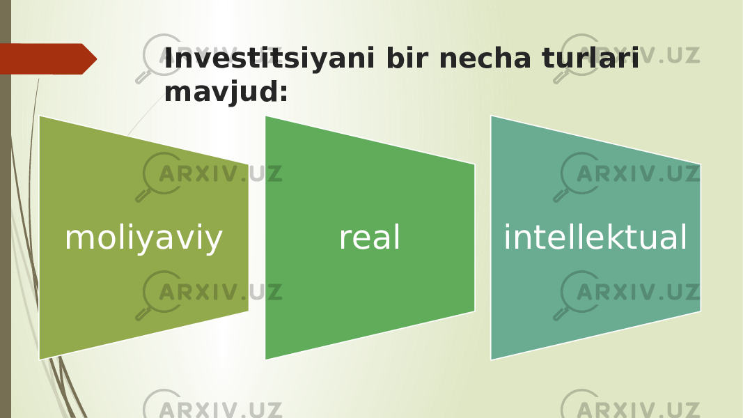 Investitsiyani bir necha turlari mavjud: moliyaviy real intellektual 