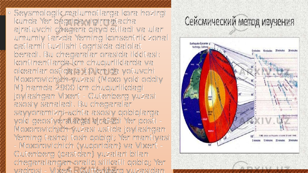 • Seysmologik malumotlarga kora hozirgi kunda Yer bagrida yigirmatacha ajratuvchi chegara qayd etiladi va ular umumiy tarzda Yerning konsentrik zonal qatlamli tuzilishi togrisida dalolat beradi. Bu chegaralar orasida ikkitasi: kontinentlarda km chuqurliklarda va okeanlar ostida 5-10 km da yotuvchi Moxorovichich yuzasi (Moxo yoki oddiy M) hamda 2900 km chuqurlikdagi joylashgan Vixert - Gutenberg yuzasi asosiy sanaladi. Bu chegaralar sayyoramizni uchta asosiy qobiqlarga yoki geosfyeralarga ajratadi Yer posti - Moxorovichich yuzasi ustida joylashgan Yerning tashqi tosh qobigi; Yer mantiyasi - Moxorovichich (yuqoridan) va Vixert - Gutenberg (pastdan) yuzalari bilan chegaralangan oraliq silikatli qobiq; Yer yadrosi - Vixert - Guttenberg yuzasidan pastda joylashgan sayyoramizning markaziy tanasi. 