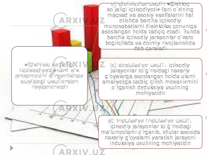 «Qishloq xo‘jaligi iqtisodiyoti» fani o‘z predmetini o‘rganishda quyidagi usullardan foydalanadi: a) dialektika usuli. «Qishloq xo‘jaligi iqtisodiyoti» fani o‘zining maqsad va asosiy vazifalarini hal etishda barcha iqtisodiy munosabatlarni dialektika qonuniga asoslangan holda tadqiq etadi. Bunda barcha iqtisodiy jarayonlar o‘zaro bogiiqlikda va doimiy rivojlanishda deb qaraladi. b) deduksiya usuli. Iqtisodiy jarayonlar to‘g‘risidagi nazariy g‘oyalarga asoslangan holda ulami amaliyotga tatbiq qilish mexanizmini o‘rganish deduksiya usulining mohiyatidir. d) Induksiya induksiya usuli. Iqtisodiy jarayonlar to‘g‘risidagi ma&#39;lumotlami o‘rganib, shular asosida nazariy g&#39;oyalami yaratish jarayoni induksiya usulining mohiyatidir. 