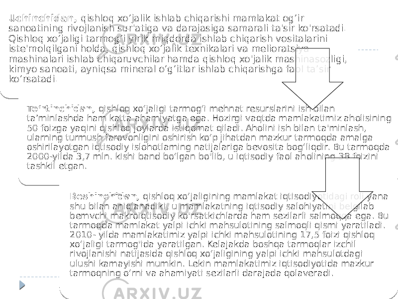 Uchinchidan, qishloq xo‘jalik ishlab chiqarishi mamlakat og‘ir sanoatining rivojlanish sur&#39;atiga va darajasiga samarali ta&#39;sir ko&#39;rsatadi. Qishloq xo‘jaligi tarmog‘i yirik miqdorda ishlab chiqarish vositalarini iste&#39;molqilgani holda, qishloq xo‘jalik texnikalari va melioratsiya mashinalari ishlab chiqaruvchilar hamda qishloq xo&#39;jalik mashinasozligi, kimyo sanoati, ayniqsa mineral o‘g‘itlar ishlab chiqarishga faol ta’sir ko‘rsatadi. To‘rtinchidan, qishloq xo‘jaligi tarmog‘i mehnat resurslarini ish bilan ta’minlashda ham katta ahamiyatga ega. Hozirgi vaqtda mamlakatimiz aholisining 50 foizga yaqini qishloq joylarda istiqomat qiladi. Aholini ish bilan ta&#39;minlash, ularning turmush farovonligini oshirish ko‘p jihatdan mazkur tarmoqda amalga oshirilayotgan iqtisodiy islohotlaming natijalariga bevosita bog‘liqdir. Bu tarmoqda 2000-yilda 3,7 mln. kishi band bo‘lgan bo&#39;lib, u iqtisodiy faol aholining 38 foizini tashkil etgan. Beshinchidan, qishloq xo‘jaligining mamlakat iqtisodiyotidagi roli yana shu bilan aniqlanadiki, u mamlakatning iqtisodiy salohiyatini belgilab bemvchi makroiqtisodiy ko&#39;rsatkichlarda ham sezilarli salmoqqa ega. Bu tarmoqda mamlakat yalpi ichki mahsulotining salmoqli qismi yaratiladi. 2010- yilda mamlakatimiz yalpi ichki mahsulotining 17,5 foizi qishloq xo‘jaligi tarmog&#39;ida yaratilgan. Kelajakda boshqa tarmoqlar izchil rivojlanishi natijasida qishloq xo‘jaligining yalpi ichki mahsulotdagi ulushi kamayishi mumkin. Lekin mamlakatimiz iqtisodiyotida mazkur tarmoqning o‘rni va ahamiyati sezilarli darajada qolaveradi. 261E 170C 13 120C 0C 23 20 20 27 17 1A 34 07 16 24 1A 21 17 13 05 1A 24 18 22 07 1A 