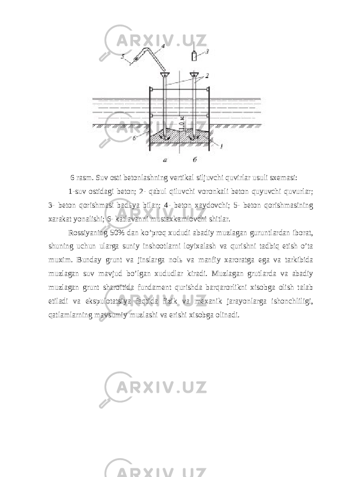  6 rasm. Suv osti betonlashning vertikal siljuvchi quvirlar usuli sxemasi: 1-suv ostidagi beton; 2- qabul qiluvchi voronkali beton quyuvchi quvurlar; 3- beton qorishmasi bad ь ya bilan; 4- beton xaydovchi; 5- beton qorishmasining xarakat yonalishi; 6- katlavanni mustaxkamlovchi shitlar. Rossiyaning 50% dan ko’proq xududi abadiy muzlagan guruntlardan iborat, shuning uchun ularga suniy inshootlarni loyixalash va qurishni tadbiq etish o’ta muxim. Bunday grunt va jinslarga nol ь va manfiy xaroratga ega va tarkibida muzlagan suv mavjud bo’lgan xududlar kiradi. Muzlagan grutlarda va abadiy muzlagan grunt sharoitida fundament qurishda barqarorlikni xisobga olish talab etiladi va ekspulotatsiya faqtida fizik va mexanik jarayonlarga ishonchliligi, qatlamlarning mavsumiy muzlashi va erishi xisobga olinadi. 