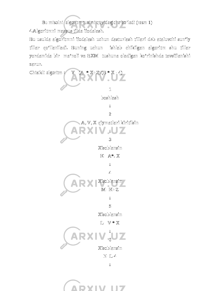 Bu misolni algoritm tuzimi quyidagicha bo’ladi (rasm 1) 4.Algoritmni maxsus tilda ifodalash . Bu usulda algoritmni ifodalash uchun dasturlash tillari deb ataluvchi sun’iy tillar qo’llaniladi. Buning uchun ishlab chikilgan algoritm shu tillar yordamida bir ma’noli va EXM tushuna oladigan ko’rinishda tavsiflanishi zarur. Chizikli algoritm : Y= (A * X+3)/(B * X - 4) 1 boshlash ↓ 2 A, V, X qiymatlari kiritilsin ↓ 3 Xisoblansin K= A*. X ↓ 4 Xisoblansin M=K+Z ↓ 5 Xisoblansin L= V * X ↓ 6 Xisoblansin N=L-4 ↓ 