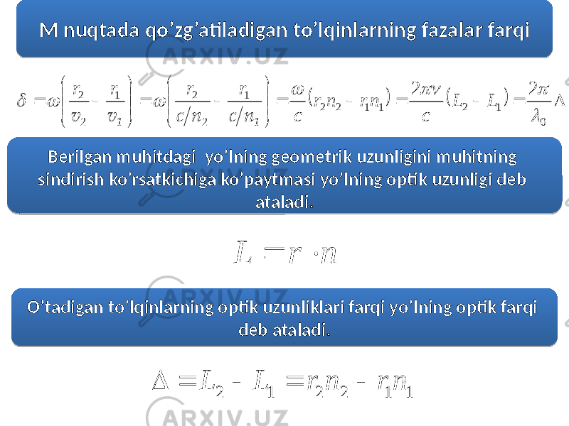 Berilgan muhitdagi yo’lning geometrik uzunligini muhitning sindirish ko’rsatkichiga ko’paytmasi yo’lning optik uzunligi deb ataladi. O’tadigan to’lqinlarning optik uzunliklari farqi yo’lning optik farqi deb ataladi. М nuqtada qo’zg’atiladigan to’lqinlarning fazalar farqin r L   1 1 2 2 1 2 n r n r L L                                    0 1 2 1 1 2 2 1 2 1 2 2 2        L L c n r n r c r r r r 1 2 1 2 n c n c v v18 14 19 39 25 0C 