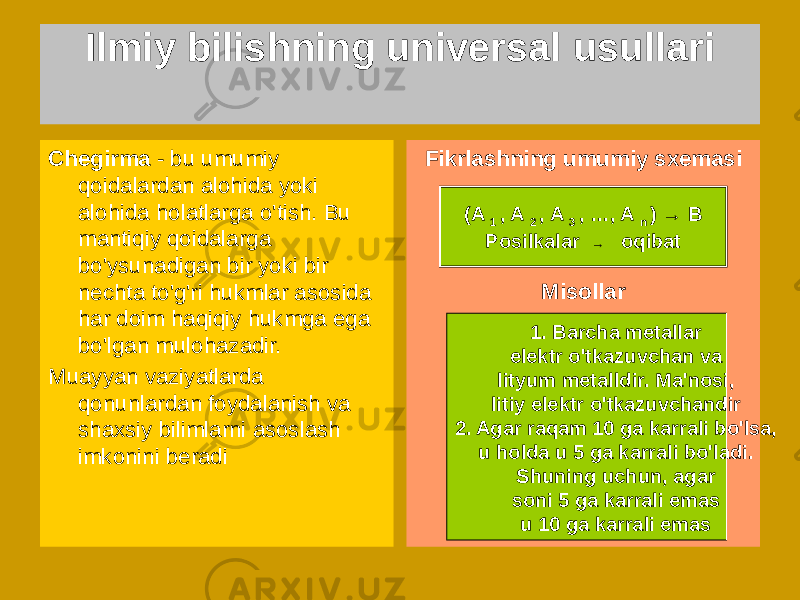 Chegirma - bu umumiy qoidalardan alohida yoki alohida holatlarga o&#39;tish. Bu mantiqiy qoidalarga bo&#39;ysunadigan bir yoki bir nechta to&#39;g&#39;ri hukmlar asosida har doim haqiqiy hukmga ega bo&#39;lgan mulohazadir. Muayyan vaziyatlarda qonunlardan foydalanish va shaxsiy bilimlarni asoslash imkonini beradi Fikrlashning umumiy sxemasi (A 1 , A 2 , A 3 , …, A n ) → B Posilkalar → oqibat 1. Barcha metallar elektr o&#39;tkazuvchan va lityum metalldir. Ma&#39;nosi, litiy elektr o&#39;tkazuvchandir 2. Agar raqam 10 ga karrali bo&#39;lsa, u holda u 5 ga karrali bo&#39;ladi. Shuning uchun, agar soni 5 ga karrali emas u 10 ga karrali emas MisollarIlmiy bilishning universal usullari 