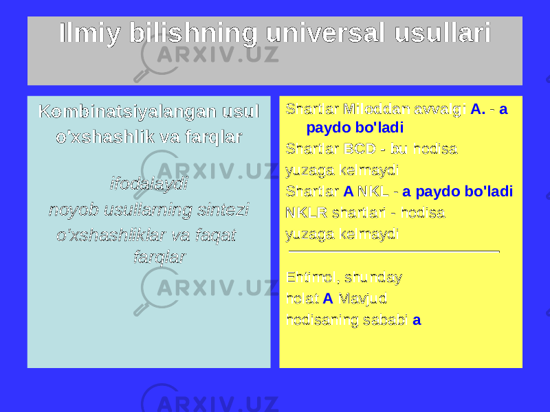 Ilmiy bilishning universal usullari Kombinatsiyalangan usul o&#39;xshashlik va farqlar ifodalaydi noyob usullarning sintezi o&#39;xshashliklar va faqat farqlar Shartlar Miloddan avvalgi A. - a paydo bo&#39;ladi Shartlar BCD - bu hodisa yuzaga kelmaydi Shartlar A NKL - a paydo bo&#39;ladi NKLR shartlari - hodisa yuzaga kelmaydi Ehtimol, shunday holat A Mavjud hodisaning sababi a 