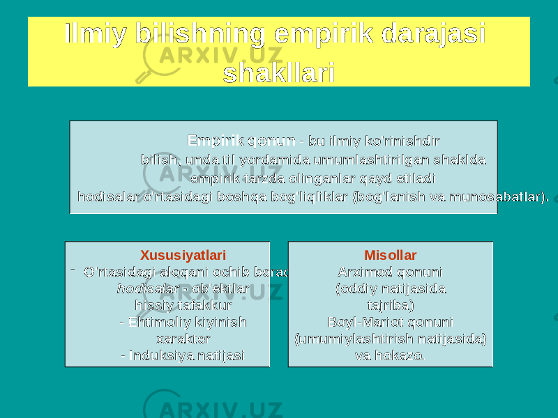 Ilmiy bilishning empirik darajasi shakllari Empirik qonun - bu ilmiy ko&#39;rinishdir bilish, unda til yordamida umumlashtirilgan shaklda empirik tarzda olinganlar qayd etiladi hodisalar o&#39;rtasidagi boshqa bog&#39;liqliklar (bog&#39;lanish va munosabatlar). Xususiyatlari - O&#39;rtasidagi aloqani ochib beradi hodisalar - ob&#39;ektlar hissiy tafakkur - Ehtimoliy kiyinish xarakter - Induksiya natijasi Misollar Arximed qonuni (oddiy natijasida tajriba) Boyl-Mariot qonuni (umumiylashtirish natijasida) va hokazo. 