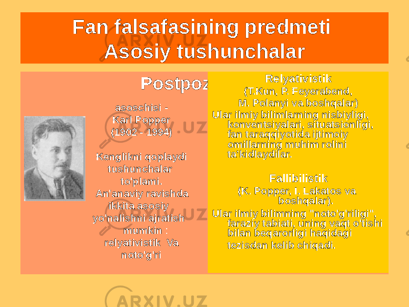 Fan falsafasining predmeti Asosiy tushunchalar Postpozitivizm Relyativistik (T.Kun, P. Feyerabend, M. Polanyi va boshqalar) Ular ilmiy bilimlarning nisbiyligi, konventsiyalari, situatsionligi, fan taraqqiyotida ijtimoiy omillarning muhim rolini ta’kidlaydilar. Fallibilistik (K. Popper, I. Lakatos va boshqalar). Ular ilmiy bilimning &#34;noto&#39;g&#39;riligi&#34;, faraziy tabiati, uning vaqt o&#39;tishi bilan beqarorligi haqidagi tezisdan kelib chiqadi. asoschisi - Karl Popper (1902 - 1994) Kenglikni qoplaydi tushunchalar to&#39;plami. An&#39;anaviy ravishda ikkita asosiy yo&#39;nalishni ajratish mumkin : relyativistik Va noto&#39;g&#39;ri 