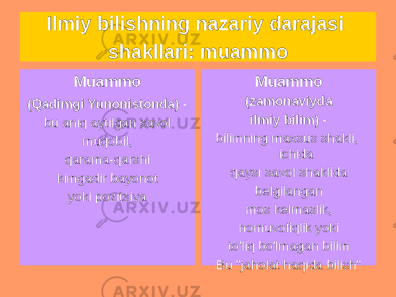 Ilmiy bilishning nazariy darajasi shakllari: muammo Muammo (Qadimgi Yunonistonda) - bu aniq aytilgan savol muqobil, qarama-qarshi kimgadir bayonot yoki pozitsiya Muammo (zamonaviyda ilmiy bilim) - bilimning maxsus shakli, ichida qaysi savol shaklida belgilangan mos kelmaslik, nomuvofiqlik yoki to&#39;liq bo&#39;lmagan bilim Bu &#34;jaholat haqida bilish&#34; 