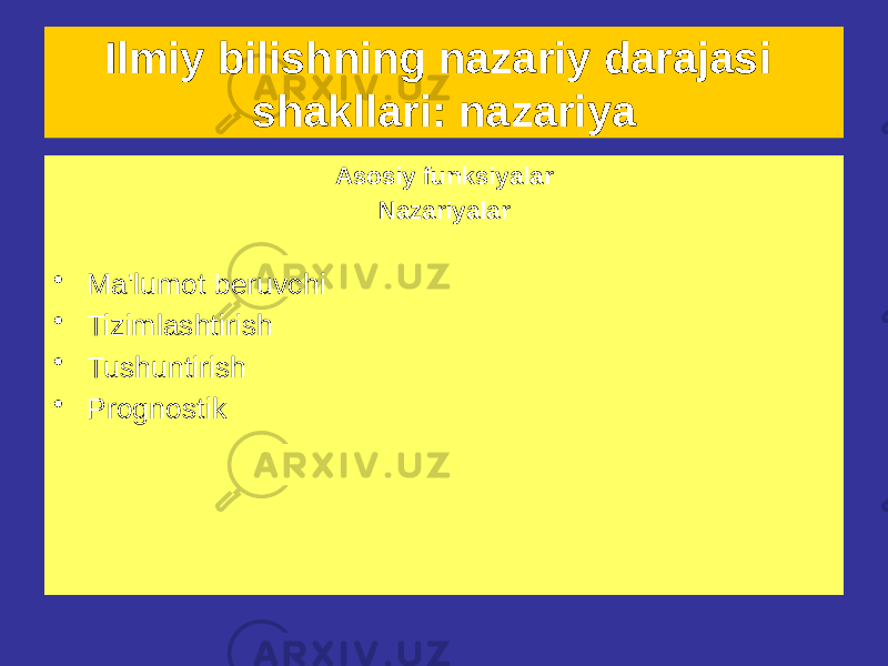 Ilmiy bilishning nazariy darajasi shakllari: nazariya Nazariya • Eng yuqori shakl ilmiy bilimlarni tashkil etish, vakili yaxlit, rivojlanayotgan haqidagi bayonotlar tizimi universal va zarur muayyan naqshlar haqiqat sohalari - nazariya ob&#39;ekti • til qurilishi, bo&#39;lganda talqin qilishni talab qiladi real hodisalarga qo&#39;llash Asosiy funksiyalar Nazariyalar • Ma&#39;lumot beruvchi • Tizimlashtirish • Tushuntirish • Prognostik 