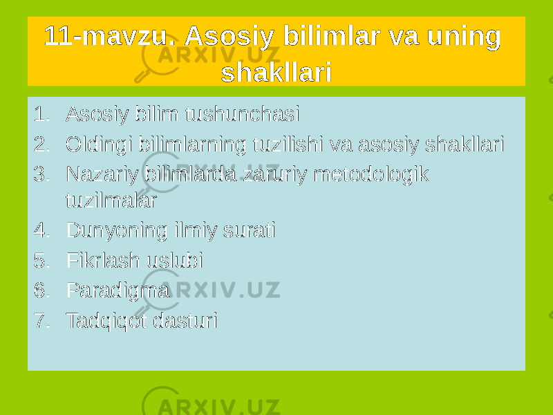 11-mavzu. Asosiy bilimlar va uning shakllari 1. Asosiy bilim tushunchasi 2. Oldingi bilimlarning tuzilishi va asosiy shakllari 3. Nazariy bilimlarda zaruriy metodologik tuzilmalar 4. Dunyoning ilmiy surati 5. Fikrlash uslubi 6. Paradigma 7. Tadqiqot dasturi 