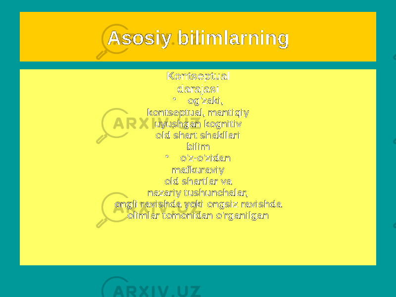 Asosiy bilimlarning Kontseptsiyadan oldingi darajasi • salomatlik holati tajribali ma&#39;nolar tasavvur tasvirlari, ideallar, axloqiy me&#39;yorlar va boshqalar, o&#39;zgartirish va haqiqatni baholash • intuitiv-badiiy, she&#39;riy yoki axloqiy va estetik hissiy taxminlar • ongsiz bo&#39;lishi mumkin va og&#39;zaki bo&#39;lmagan Kontseptual darajasi • og&#39;zaki, kontseptual, mantiqiy uyushgan kognitiv old shart shakllari bilim • o&#39;z-o&#39;zidan mafkuraviy old shartlar va nazariy tushunchalar, ongli ravishda yoki ongsiz ravishda olimlar tomonidan o&#39;rganilgan 