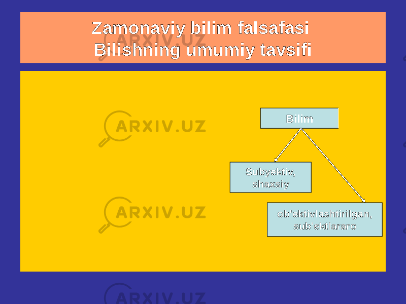 Zamonaviy bilim falsafasi Bilishning umumiy tavsifi Bilish - bu shaxs va uning atrofidagi dunyo haqida bilim olish bilan bog&#39;liq individual yoki jamoaviy faoliyat jarayoni Idrok - bu shaxsning ob&#39;ektiv dunyoni amaliy va ma&#39;naviy-nazariy egallashining dinamik xususiyati. Bilim bu rivojlanish natijalarining ko&#39;rsatkichidir Bilim Subyektiv, shaxsiy ob&#39;ektivlashtirilgan, sub&#39;ektlararo 