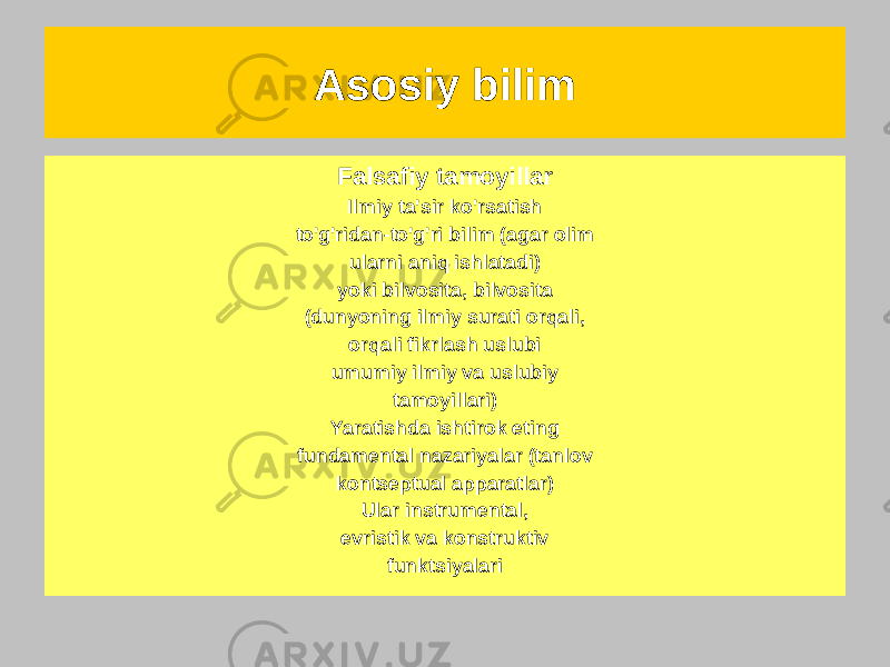 Asosiy bilim Mafkuraviy tamoyillar To&#39;g&#39;ridan-to&#39;g&#39;ri aks ettiring turli manfaatlar ijtimoiy guruhlar Fanga ta&#39;sir qilish kanallari: - Ruhiy ishlab chiqarish - Davlat muassasalari tizimi - Aloqadagi ijtimoiy subyektlarning bevosita aloqasi Tabiiy fanlardagi ta&#39;sir ijtimoiy va gumanitar bilimlarga qaraganda sezilarli darajada zaifdirFalsafiy tamoyillar Ilmiy ta&#39;sir ko&#39;rsatish to&#39;g&#39;ridan-to&#39;g&#39;ri bilim (agar olim ularni aniq ishlatadi) yoki bilvosita, bilvosita (dunyoning ilmiy surati orqali, orqali fikrlash uslubi umumiy ilmiy va uslubiy tamoyillari) Yaratishda ishtirok eting fundamental nazariyalar (tanlov kontseptual apparatlar) Ular instrumental, evristik va konstruktiv funktsiyalari 