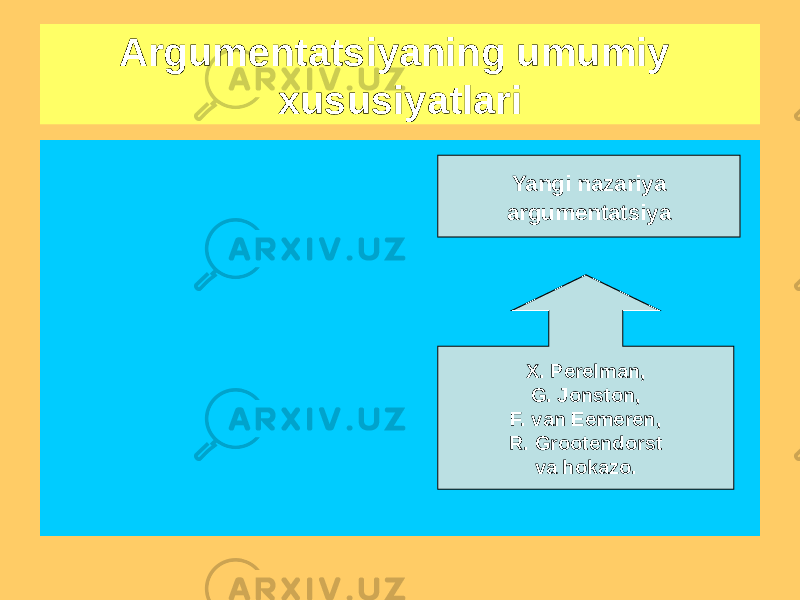 Argumentatsiyaning umumiy xususiyatlari • Argumentatsiya - bu muayyan ijtimoiy kontekstda sodir bo&#39;ladigan nutq faoliyati bo&#39;lib, uning yakuniy maqsadi ma&#39;lum qoidalarning (voqelikni tavsiflash, baholash, me&#39;yorlar, maslahatlar, bayonotlar, qasamlar, va&#39;dalar va boshqalar) maqbulligiga ishonch hosil qilishdir. X. Perelman, G. Jonston, F. van Eemeren, R. Grootendorst va hokazo.Yangi nazariya argumentatsiya 