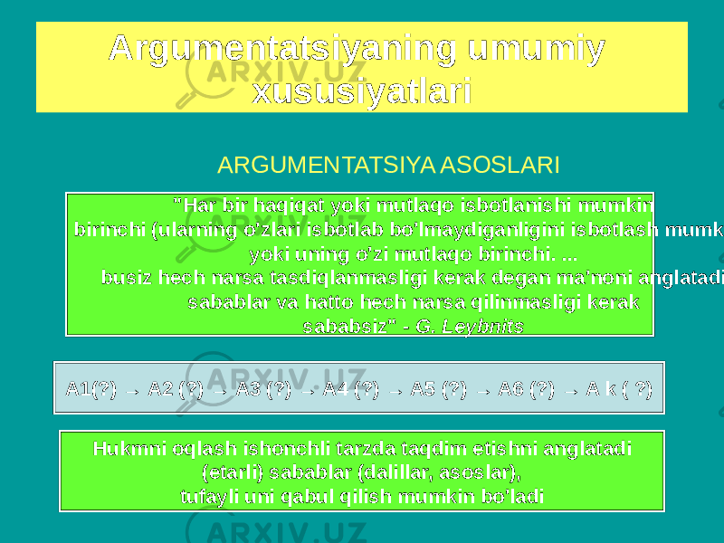 &#34;Har bir haqiqat yoki mutlaqo isbotlanishi mumkin birinchi (ularning o&#39;zlari isbotlab bo&#39;lmaydiganligini isbotlash mumkin), yoki uning o&#39;zi mutlaqo birinchi. ... busiz hech narsa tasdiqlanmasligi kerak degan ma&#39;noni anglatadi sabablar va hatto hech narsa qilinmasligi kerak sababsiz&#34; - G. Leybnits A1(?) → A2 (?) → A3 (?) → A4 (?) → A5 (?) → A6 (?) → A k ( ?) Hukmni oqlash ishonchli tarzda taqdim etishni anglatadi (etarli) sabablar (dalillar, asoslar), tufayli uni qabul qilish mumkin bo&#39;ladiArgumentatsiyaning umumiy xususiyatlari ARGUMENTATSIYA ASOSLARI 