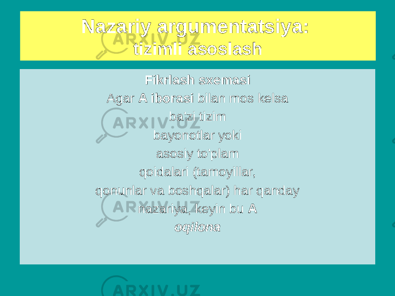 Tizimli argumentatsiya - bayonotni asosli ko&#39;rinadigan bayonotlar yoki nazariya tizimiga tarkibiy element sifatida kiritish orqali asoslash. Fikrlash sxemasi Agar A iborasi bilan mos kelsa ba&#39;zi tizim bayonotlar yoki asosiy to&#39;plam qoidalari (tamoyillar, qonunlar va boshqalar) har qanday nazariya, keyin bu A oqilonaNazariy argumentatsiya: tizimli asoslash 