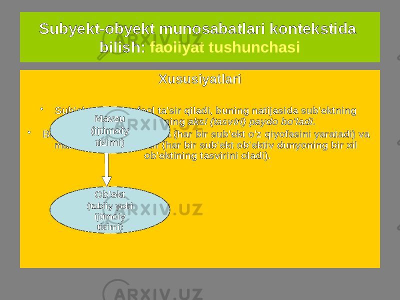 Subyekt-obyekt munosabatlari kontekstida bilish: faoliyat tushunchasi Aloqa diagrammasi Xususiyatlari • Sub&#39;ekt ob&#39;ektga faol ta&#39;sir qiladi, buning natijasida sub&#39;ektning ongida ob&#39;ektning aksi (tasviri) paydo bo&#39;ladi. • Bu tasvir sub&#39;ektiv shaklda (har bir sub&#39;ekt o&#39;z qiyofasini yaratadi) va mazmunan ob&#39;ektivdir (har bir sub&#39;ekt ob&#39;ektiv dunyoning bir xil ob&#39;ektining tasvirini oladi).Mavzu (ijtimoiy tizimi) Ob&#39;ekt (tabiiy yoki ijtimoiy tizimi) 