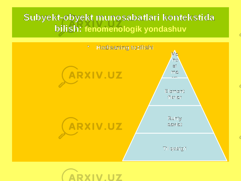 Subyekt-obyekt munosabatlari kontekstida bilish: fenomenologik yondashuv Asosiy xususiyatlar • &#34;Sub&#39;ekt-ob&#39;ekt&#34; munosabati ongga singib ketgan • &#34;Sof ong&#34; bu psixikaga (ya&#39;ni sub&#39;ektga va uning faoliyatiga) bog&#39;liq bo&#39;lmagan tuzilmalari hisoblanadi. • Hodisa - bu ongda bevosita unga ochilgan ob&#39;ekt sifatida o&#39;zini namoyon qiladigan narsa, deb ishoniladi. • Hodisaning tuzilishi Ma &#39;no si ma vz u Element fikrlar Ruhiy davlat Til qobig&#39;i 