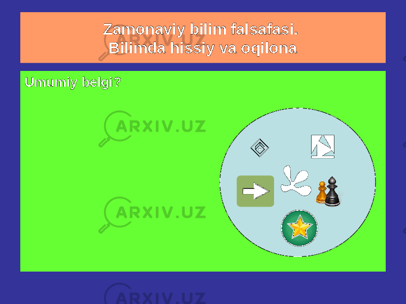 Zamonaviy bilim falsafasi. Bilimda hissiy va oqilona Umumlashtirish Ruhiy birlashish o&#39;xshashliklari asosida turli xil ob&#39;ektlar har qanday belgilardaUmumiy belgi? 