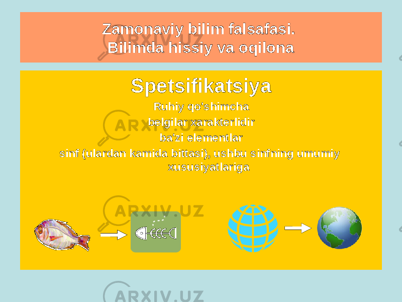 Zamonaviy bilim falsafasi. Bilimda hissiy va oqilona Abstraktsiya Ruhiy chalg&#39;itish ob&#39;ektga xos bo&#39;lgan har qanday xususiyatlardan, yoki ularga e&#39;tibor bermaslik bir vaqtda bilan boshqalarni ta&#39;kidlash belgilarSpetsifikatsiya Ruhiy qo&#39;shimcha belgilar xarakterlidir ba&#39;zi elementlar sinf (ulardan kamida bittasi), ushbu sinfning umumiy xususiyatlariga 