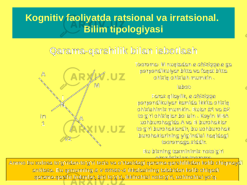 Kognitiv faoliyatda ratsional va irratsional. Bilim tipologiyasi Qarama-qarshilik bilan isbotlash A M in 1 v2 AI N Teorema: M nuqtadan a chiziqqa a ga perpendikulyar bitta va faqat bitta chiziq chizish mumkin . Isbot: Faraz qilaylik, a chiziqqa perpendikulyar kamida ikkita chiziq chizishimiz mumkin. Bular b1 va b2 to&#39;g&#39;ri chiziqlar bo&#39;lsin . Keyin MBA uchburchagida A va B burchaklar to&#39;g&#39;ri burchaklardir, bu uchburchak burchaklarining yig&#39;indisi haqidagi teoremaga ziddir. Bu bizning taxminimiz noto&#39;g&#39;ri ekanligini va teorema isbotlanganligini anglatadi.Ammo bu xulosa to&#39;g&#39;ridan-to&#39;g&#39;ri tezis va o&#39;rtasidagi qarama-qarshilikdan kelib chiqmaydi antiteza. Bu qonunning a v emas-a ikkalasining talabidan kelib chiqadi qarama-qarshi hukmlar, biri to&#39;g&#39;ri, ikkinchisi noto&#39;g&#39;ri, uchinchisi yo&#39;q. 