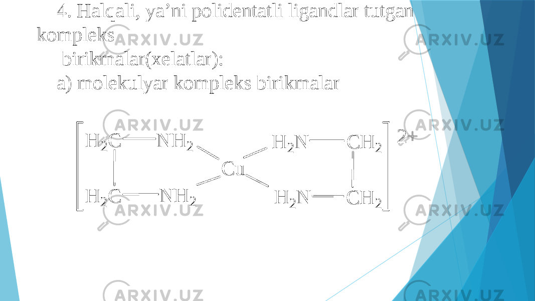 4. Halqali, ya’ni polidentatli ligandlar tutgan kompleks birikmalar(xelatlar): a) molekulyar kompleks birikmalarH 2 C H 2 C N H 2 N H 2 C H 2 C H 2 H 2 N H 2 N C u 2 + 