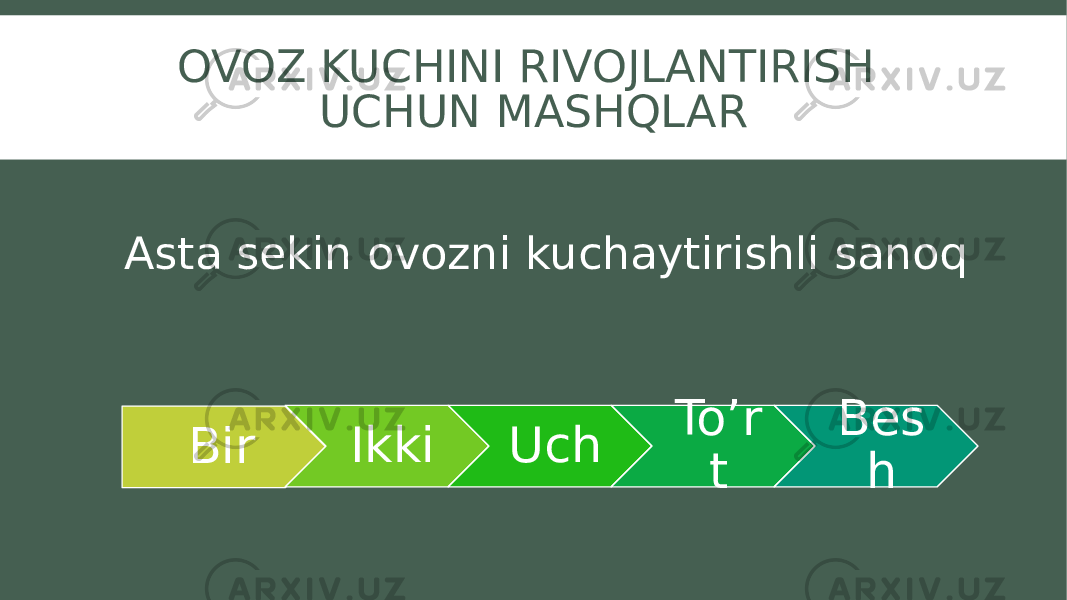 OVOZ KUCHINI RIVOJLANTIRISH UCHUN MASHQLAR Bir Ikki Uch To’r t Bes hAsta sekin ovozni kuchaytirishli sanoq 