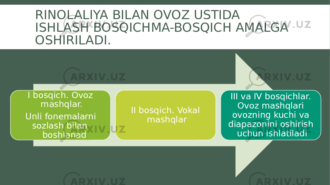 RINOLALIYA BILAN OVOZ USTIDA ISHLASH BOSQICHMA-BOSQICH AMALGA OSHIRILADI. I bosqich. Ovoz mashqlar. Unli fonemalarni sozlash bilan boshlanad II bosqich. Vokal mashqlar III va IV bosqichlar. Ovoz mashqlari ovozning kuchi va diapazonini oshirish uchun ishlatiladi 