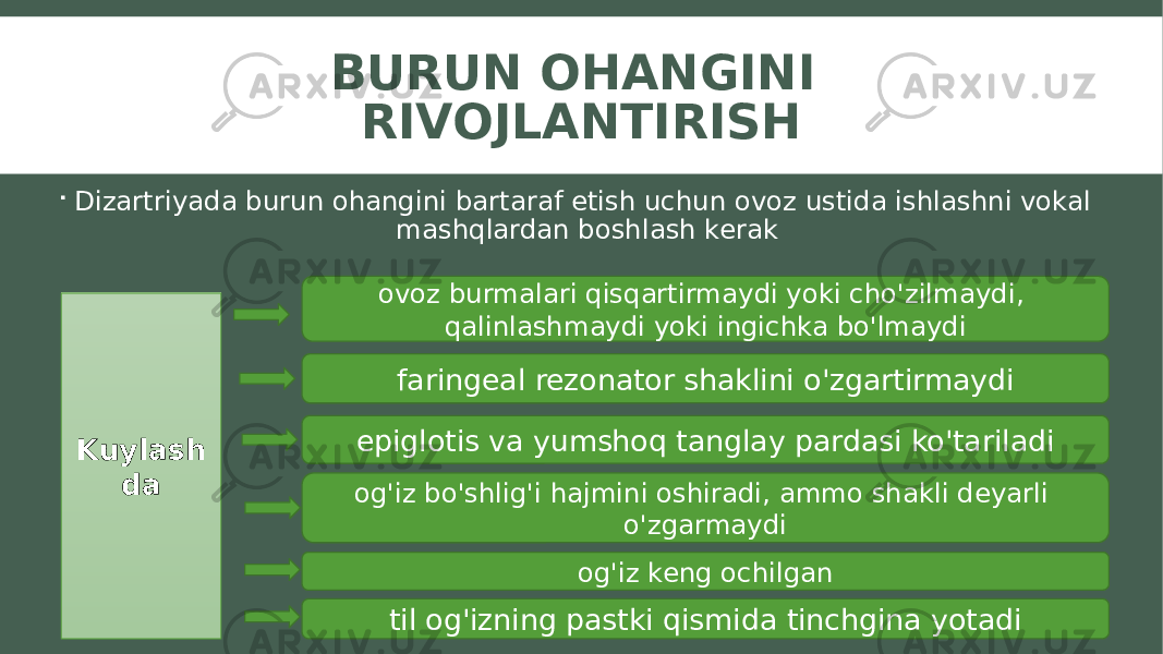 BURUN OHANGINI RIVOJLANTIRISH  Dizartriyada burun ohangini bartaraf etish uchun ovoz ustida ishlashni vokal mashqlardan boshlash kerak Kuylash da ovoz burmalari qisqartirmaydi yoki cho&#39;zilmaydi, qalinlashmaydi yoki ingichka bo&#39;lmaydi faringeal rezonator shaklini o&#39;zgartirmaydi epiglotis va yumshoq tanglay pardasi ko&#39;tariladi og&#39;iz bo&#39;shlig&#39;i hajmini oshiradi, ammo shakli deyarli o&#39;zgarmaydi og&#39;iz keng ochilgan til og&#39;izning pastki qismida tinchgina yotadi 