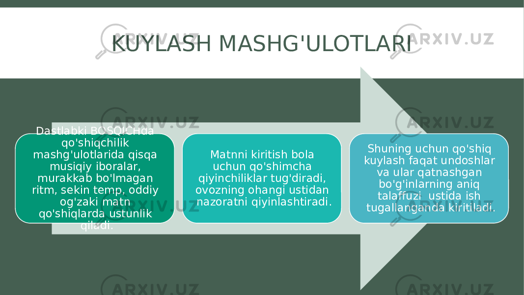 KUYLASH MASHG&#39;ULOTLARI Dastlabki BOSQICHda qo&#39;shiqchilik mashg&#39;ulotlarida qisqa musiqiy iboralar, murakkab bo&#39;lmagan ritm, sekin temp, oddiy og&#39;zaki matn qo&#39;shiqlarda ustunlik qiladi. Matnni kiritish bola uchun qo&#39;shimcha qiyinchiliklar tug&#39;diradi, ovozning ohangi ustidan nazoratni qiyinlashtiradi. Shuning uchun qo&#39;shiq kuylash faqat undoshlar va ular qatnashgan bo&#39;g&#39;inlarning aniq talaffuzi ustida ish tugallanganda kiritiladi. 