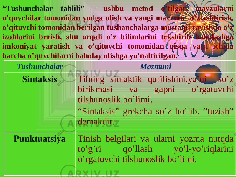 “ Tushunchalar tahlili” - ushbu metod o’tilgan mavzularni o’quvchilar tomonidan yodga olish va yangi mavzuni o’zlashtirish, o’qituvchi tomonidan berilgan tushanchalarga mustaqil ravishda o’z izohlarini berish, shu orqali o’z bilimlarini tekshirib baholashga imkoniyat yaratish va o’qituvchi tomonidan qisqa vaqt ichida barcha o’quvchilarni baholay olishga yo’naltirilgan. Tushunchalar Mazmuni Sintaksis Tilning sintaktik qurilishini,ya’ni so’z birikmasi va gapni o’rgatuvchi tilshunoslik bo’limi. “ Sintaksis” grekcha so’z bo’lib, ”tuzish” demakdir. Punktuatsiya Tinish belgilari va ularni yozma nutqda to’g’ri qo’llash yo’l-yo’riqlarini o’rgatuvchi tilshunoslik bo’limi. 