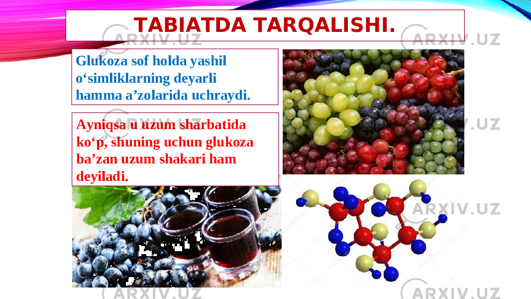 TABIATDA TARQALISHI. Glukoza sof holda yashil o‘simliklarning deyarli hamma a’zolarida uchraydi. Ayniqsa u uzum sharbatida ko‘p, shuning uchun glukoza ba’zan uzum shakari ham deyiladi. 