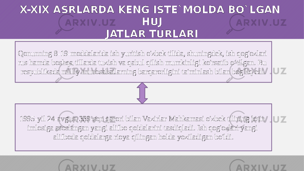 X-XIX ASRLARDA KENG ISTE`MOLDA BO`LGAN HUJ JATLAR TURLARI Qonunning 8-19-moddalarida ish yuritish o&#39;zbek tilida, shuningdek, ish qog&#39;ozlari rus hamda boshqa tillarda tuzish va qabul qilish mumkinligi ko&#39;rsatib o‘tilgan. Bu respublikada milliy munosabatlarning barqarorligini ta&#39;minlash bilan bog&#39;liq edi. 1995-yil 24-avgust 339-son qarori bilan Vazirlar Mahkamasi o&#39;zbek tilining lotin imlosiga asoslangan yangi alifbo qoidalarini tasdiqladi. Ish qog&#39;ozlari yangi alifboda qoidalarga rioya qilingan holda yoziladigan bo&#39;ldi. 