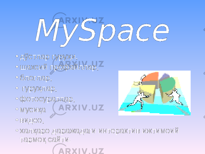 MySpace • дўстлар гуруҳи , • шахсий профайл лар , • блог лар , • г у ру ҳлар , • фото суратлар , • му сиқа • видео, • халқаро даражадаги интерактив ижтимоий тармоқ сайти. 