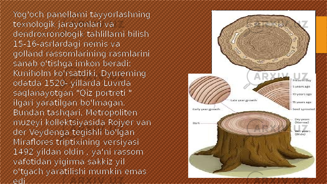 Yog&#39;och panellarni tayyorlashning texnologik jarayonlari va dendroxronologik tahlillarni bilish 15-16-asrlardagi nemis va golland rassomlarining rasmlarini sanab o&#39;tishga imkon beradi: Kuniholm ko&#39;rsatdiki, Dyurerning odatda 1520- yillarda Luvrda saqlanayotgan &#34;Qiz portreti &#34; ilgari yaratilgan bo&#39;lmagan. Bundan tashqari, Metropoliten muzeyi kollektsiyasida Rojyer van der Veydenga tegishli bo&#39;lgan Miraflores triptixining versiyasi 1492 yildan oldin , ya&#39;ni rassom vafotidan yigirma sakkiz yil o&#39;tgach yaratilishi mumkin emas edi 