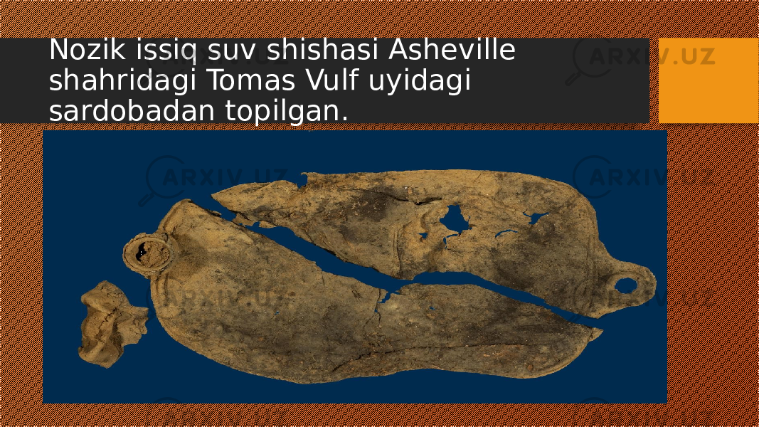 Nozik issiq suv shishasi Asheville shahridagi Tomas Vulf uyidagi sardobadan topilgan. 