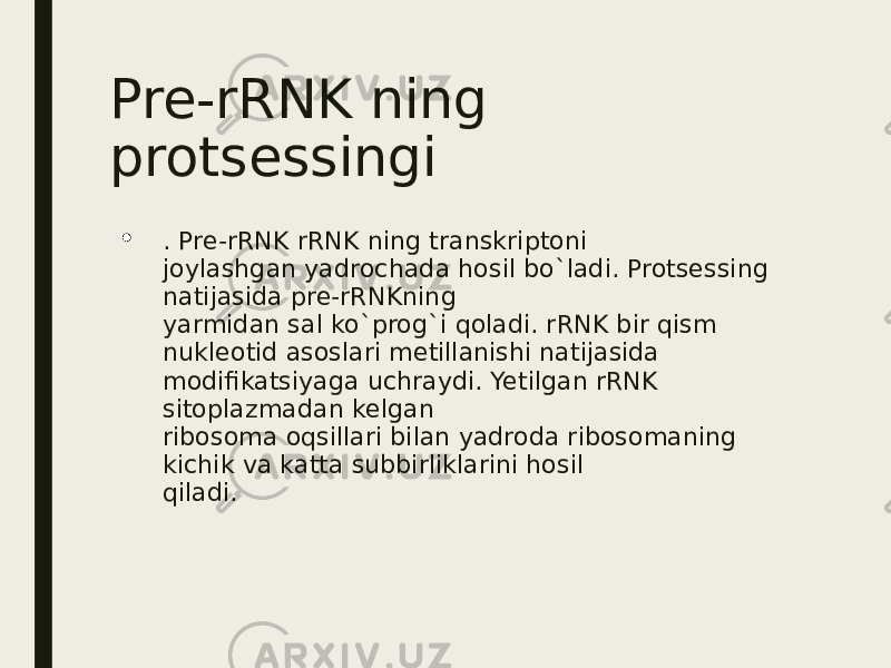 Pre-rRNK ning protsessingi  . Pre-rRNK rRNK ning transkriptoni joylashgan yadrochada hosil bo`ladi. Protsessing natijasida pre-rRNKning yarmidan sal ko`prog`i qoladi. rRNK bir qism nukleotid asoslari metillanishi natijasida modifikatsiyaga uchraydi. Yetilgan rRNK sitoplazmadan kelgan ribosoma oqsillari bilan yadroda ribosomaning kichik va katta subbirliklarini hosil qiladi. 