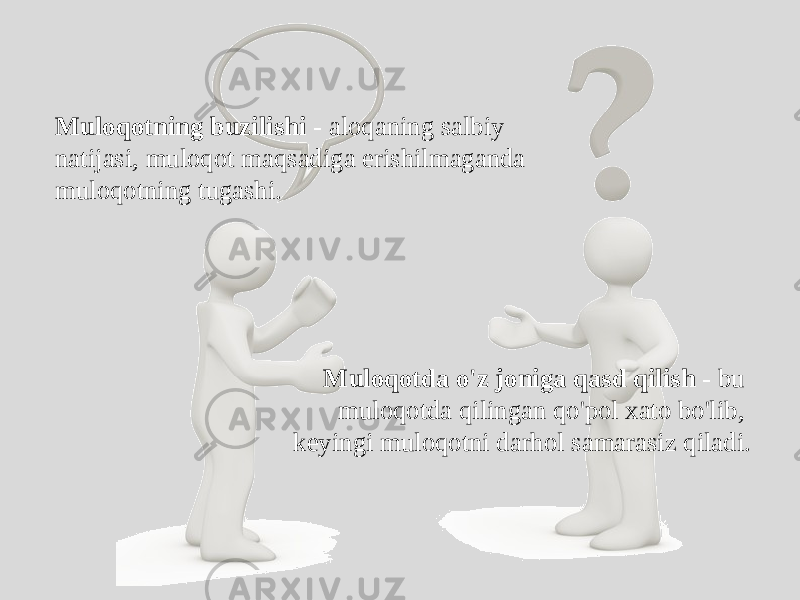 Muloqotning buzilishi - aloqaning salbiy natijasi, muloqot maqsadiga erishilmaganda muloqotning tugashi. Muloqotda o&#39;z joniga qasd qilish - bu muloqotda qilingan qo&#39;pol xato bo&#39;lib, keyingi muloqotni darhol samarasiz qiladi. 