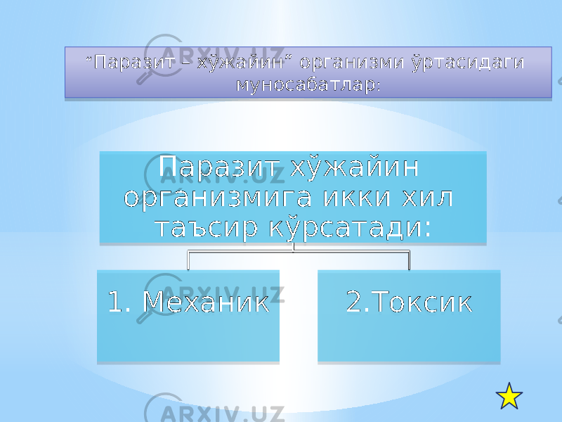 “ Паразит – хўжайин” организми ўртасидаги муносабатлар : Паразит хўжайин организмига икки хил таъсир кўрсатади: 1. Механик 2.Токсик2E 01 14180E07 1E 01 0703 0602 302B0B31 32 